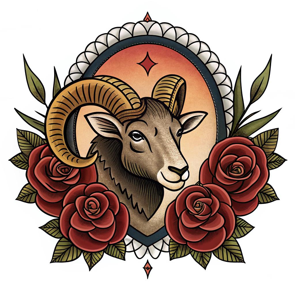 A ram with baroque horns and rose frame