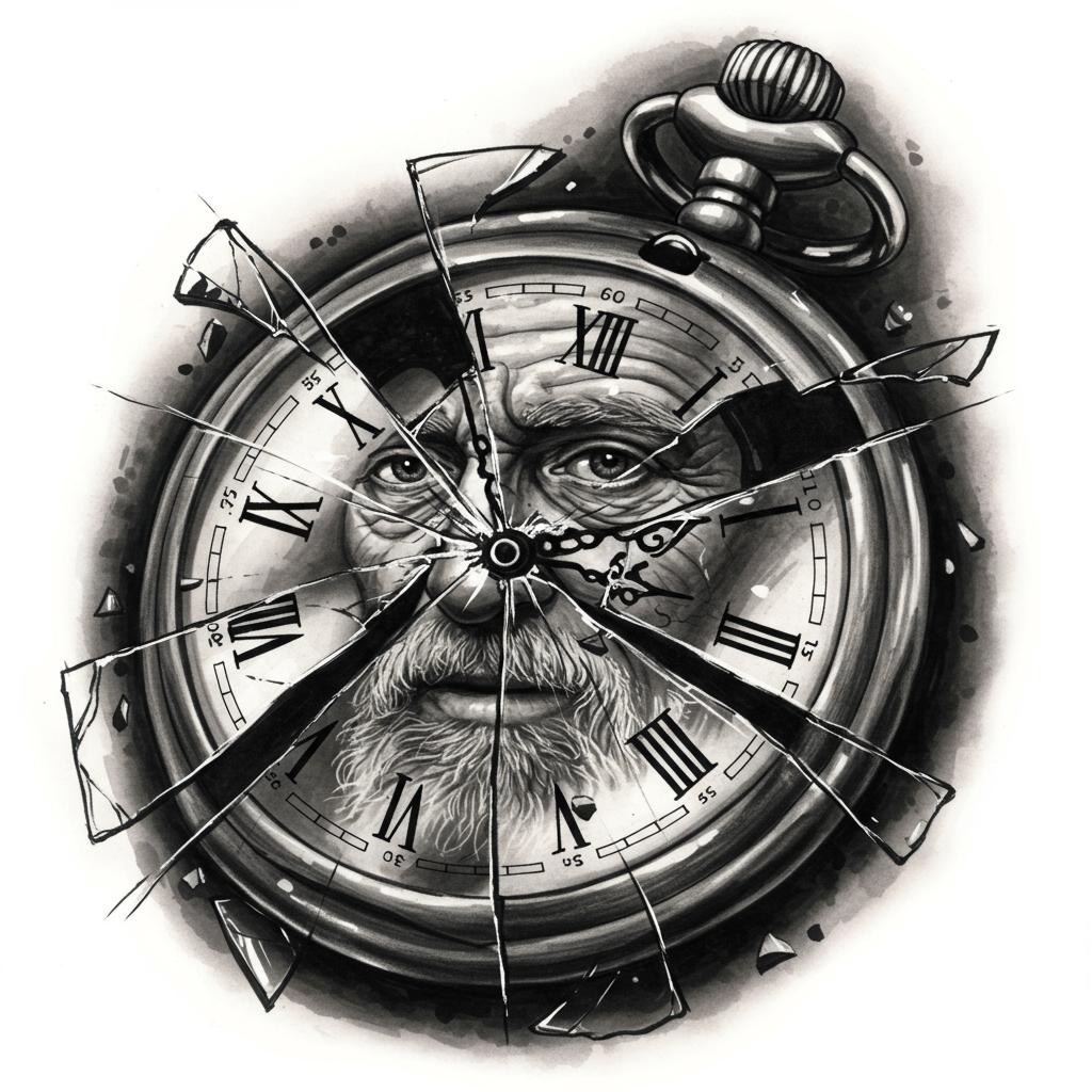 reflection of an old man's face on the broken glass of a pocketwatch