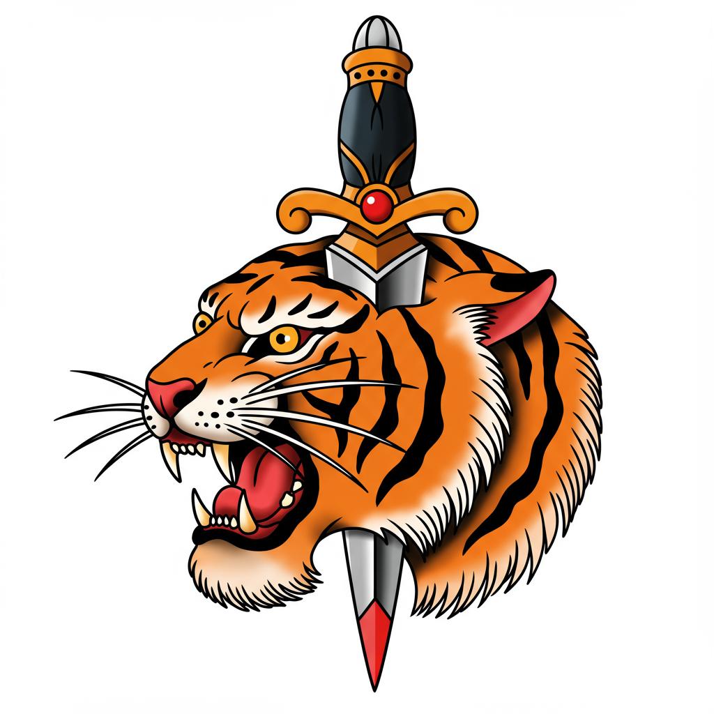 A roaring tiger head with a dagger