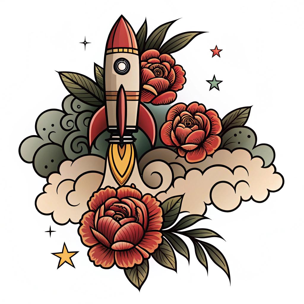 A rocket launching from clouds and peonies