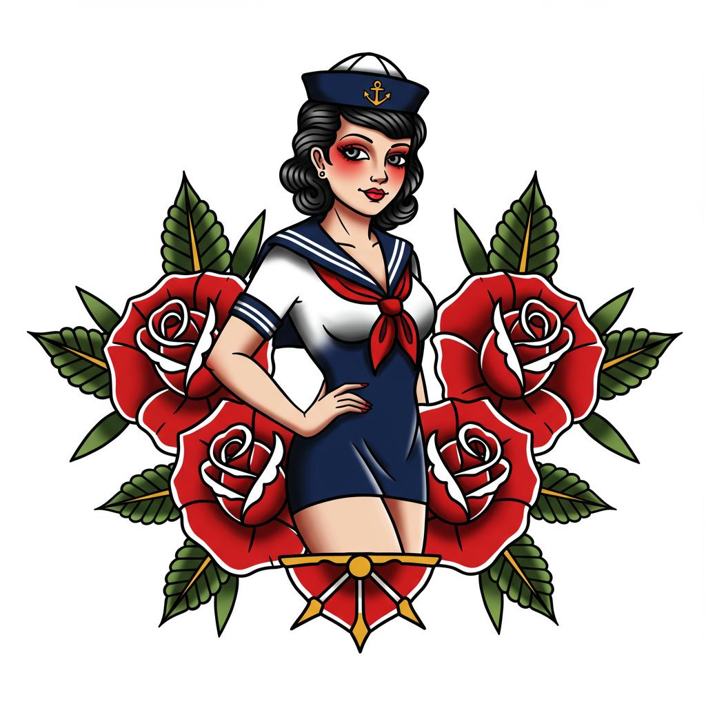 a sailor pinup surrounded with roses