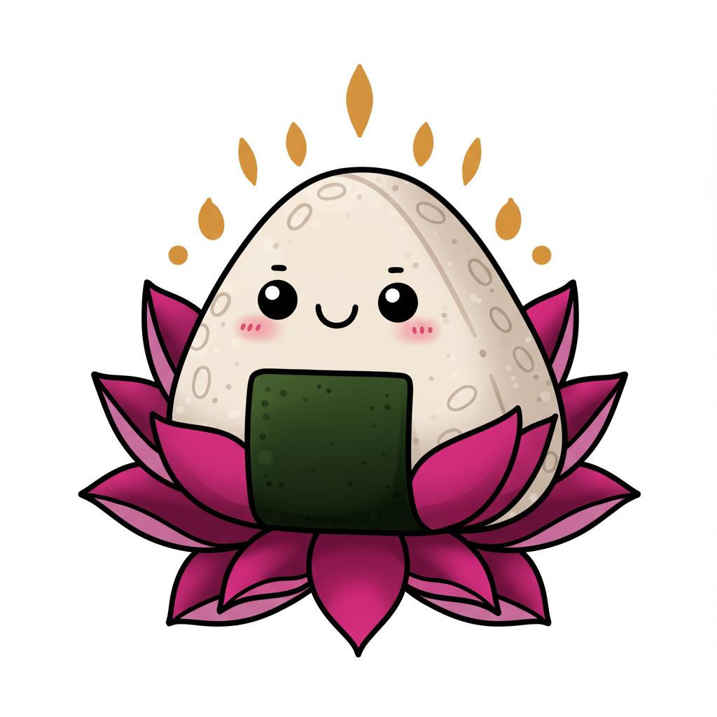 a smiling onigiri and lotus flower