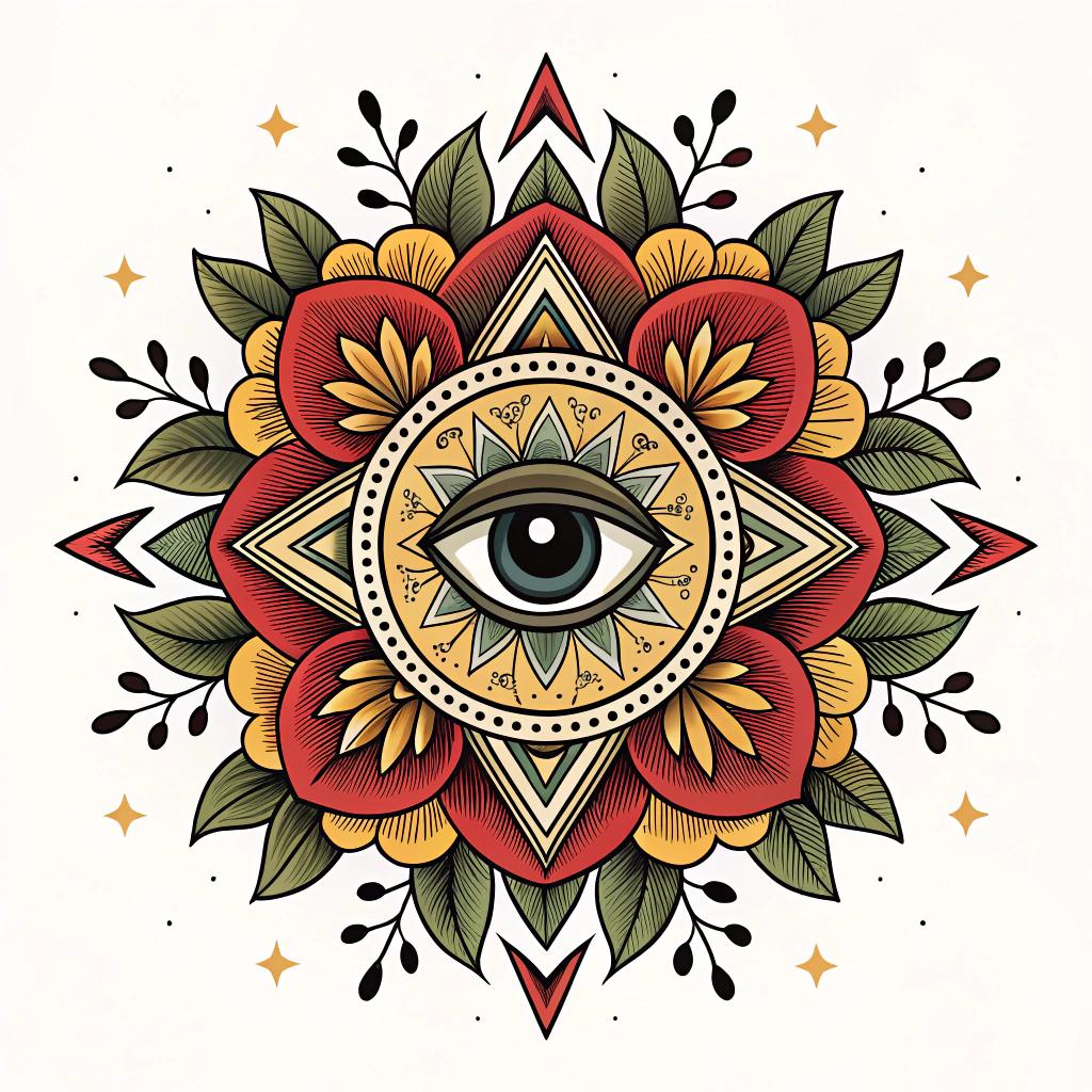 A stylized eye inside a floral mandala