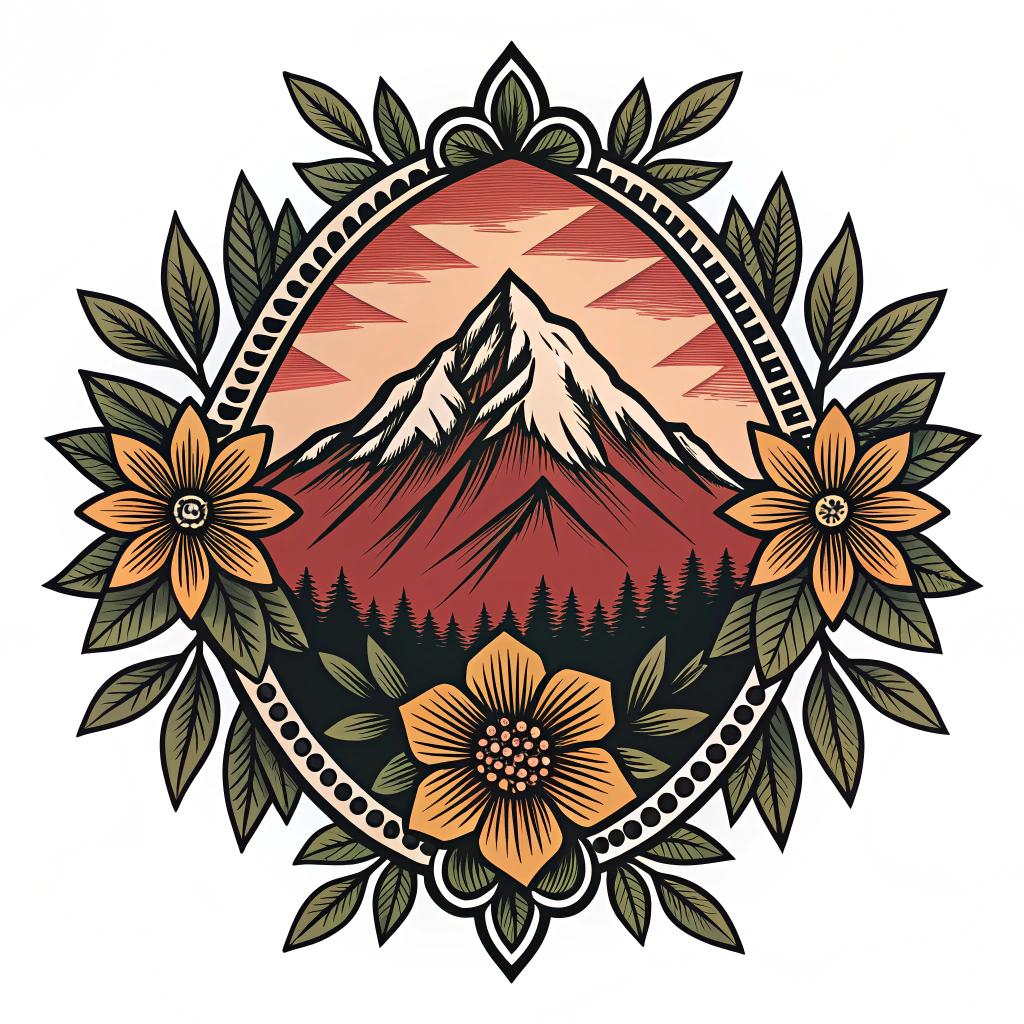 A stylized mountain with floral frame and rays
