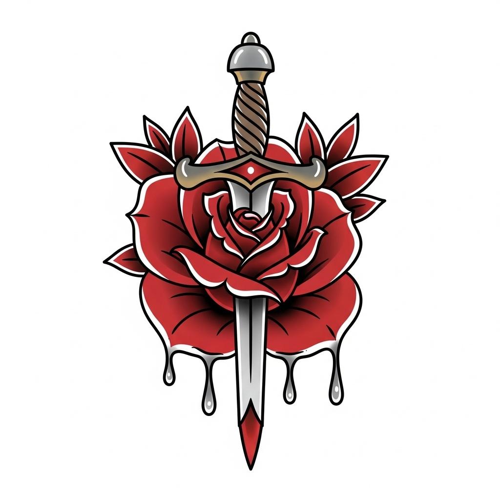 A sword piercing a rose with dripping petals