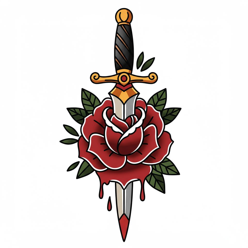 A sword piercing a rose with dripping petals