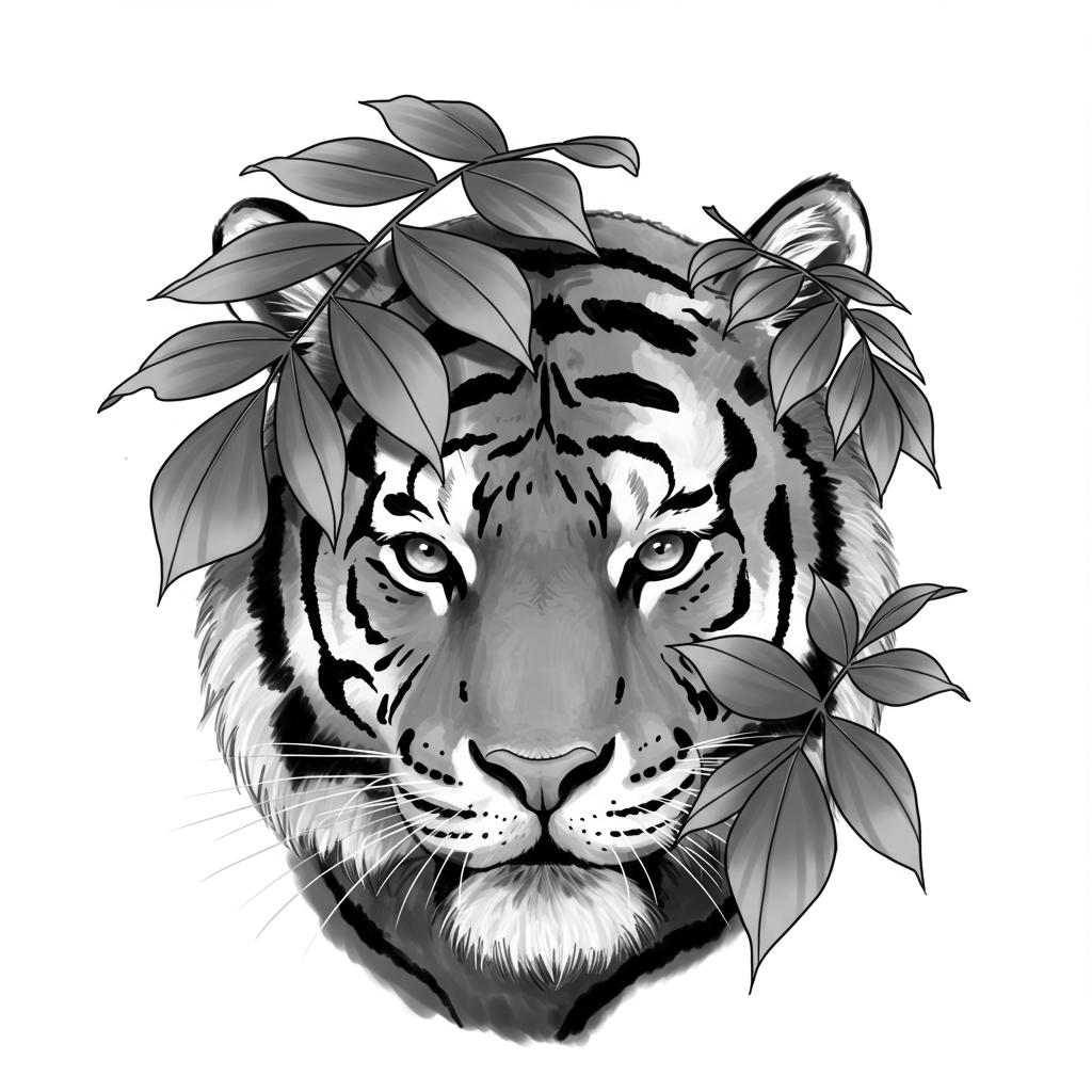 a tiger looking through large leaves
