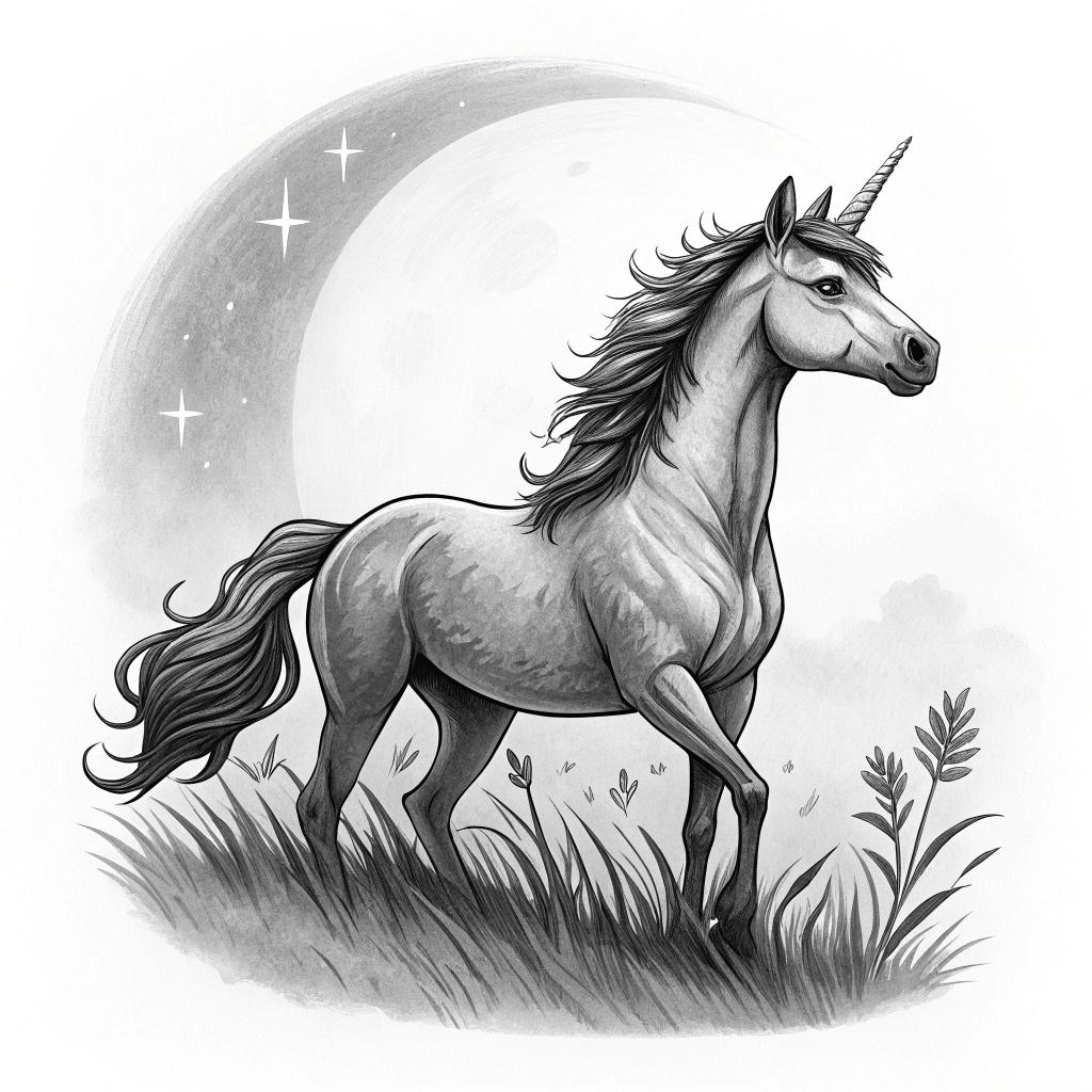 A unicorn standing in a moonlit field