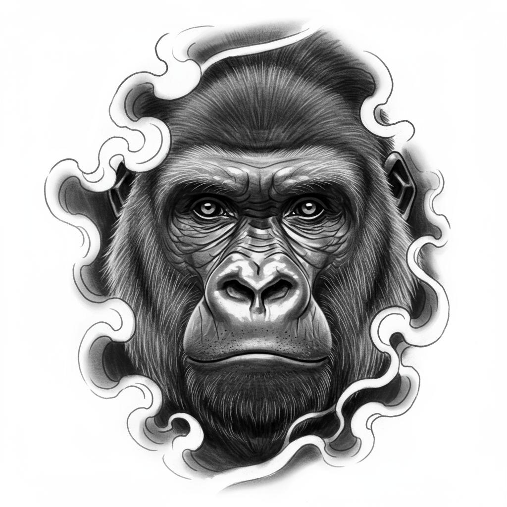 a wise gorilla face in the mist
