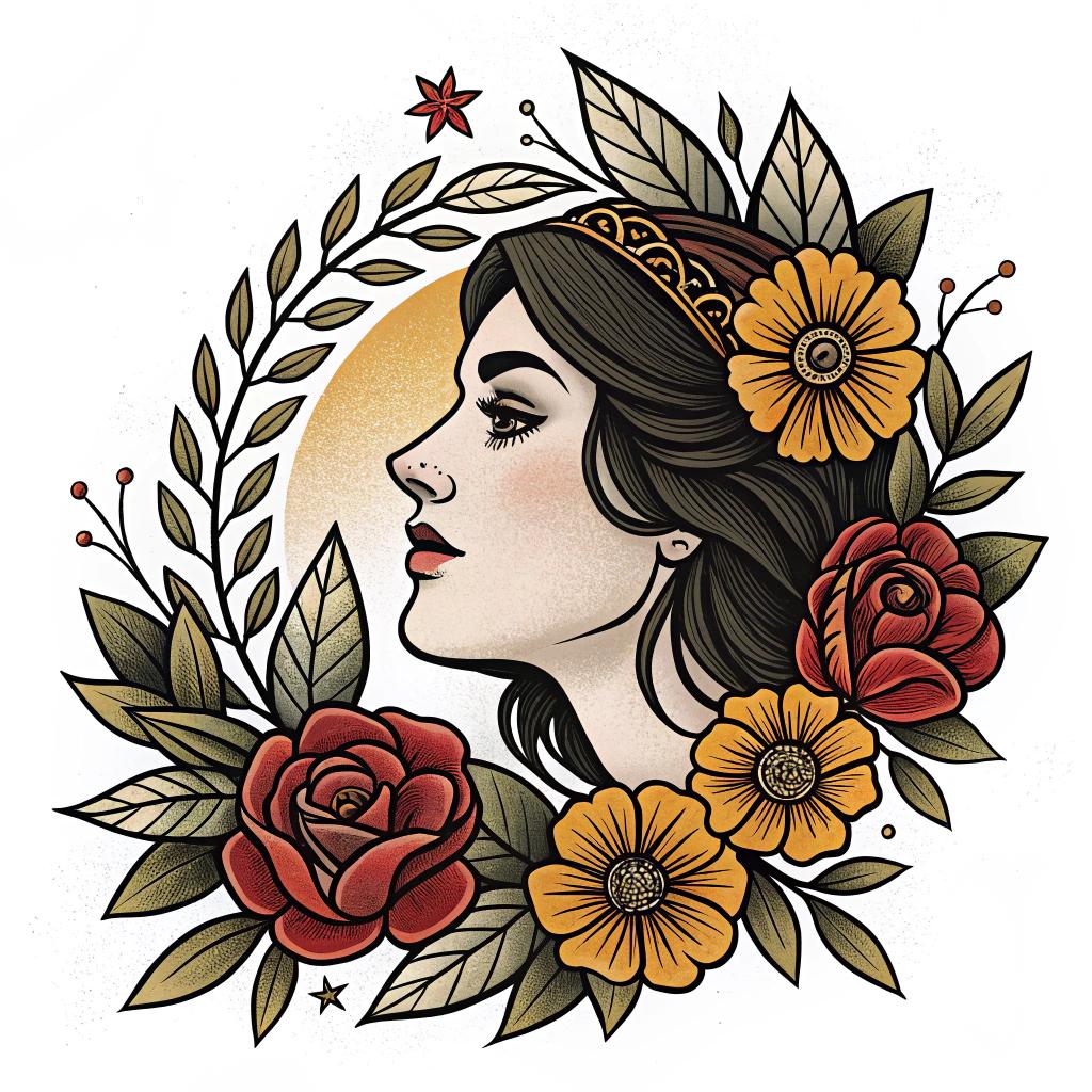A woman’s face with soft floral framing